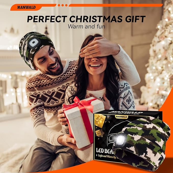 LED Beanie Hat with Light, USB Rechargeable LED Headlamp, Gifts for Men, Christmas Stocking Stuffers for Men Adults, Birthday Gifts for Him Dad Husband, Boyfriends, Black, Camouflage