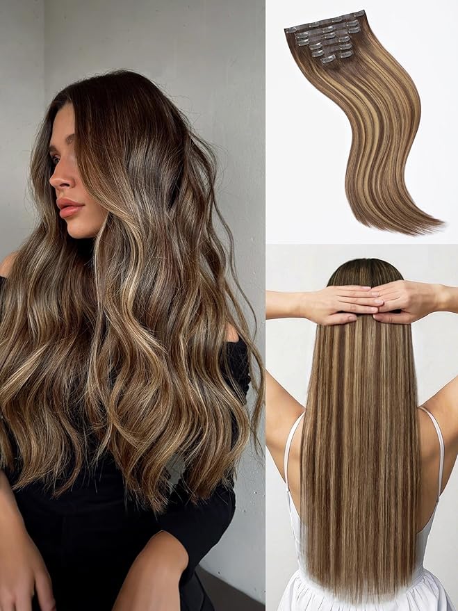 LUVME Straight Seamless 110g 7Pcs Clip in Hair Extensions Full Max with 20inch Remy Human Hair Extensions, Highlight Color 100% Real Soft Human Hair