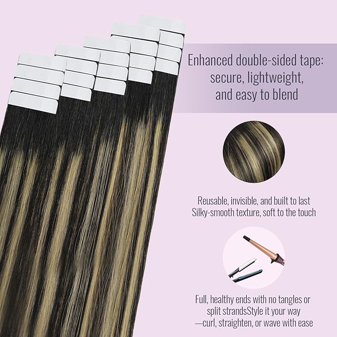 Fshine Tape in Human Hair Extensions Balayage Off Black Fading to Caramel Brown and 16 Inch 50g Ombre Remy Fow Women, Great for Stage Performance 20 Pcs