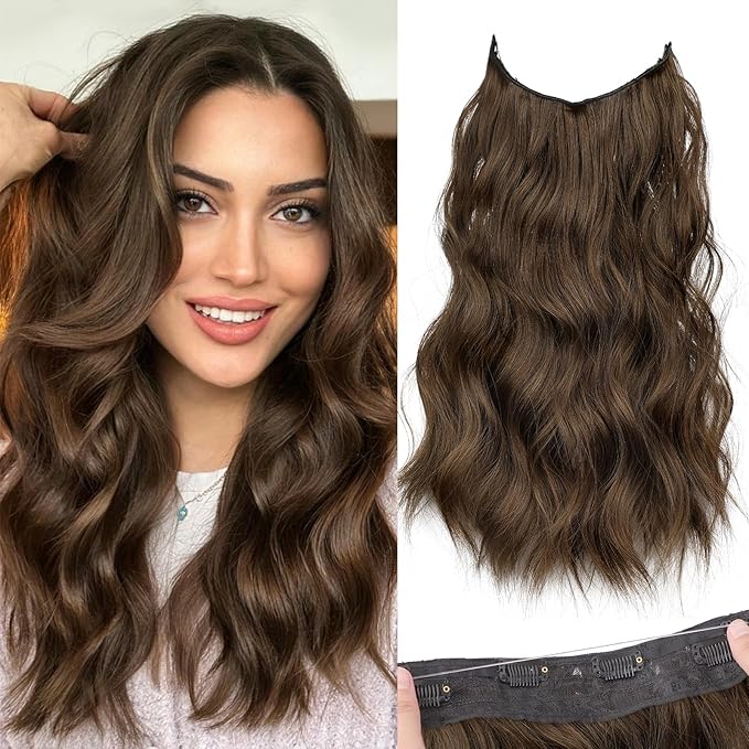 KooKaStyle Invisible Wire Hair Extensions with Transparent Wire Adjustable Size Long Wavy Synthetic Hairpiece Rich Medium Brown 16 Inch with 4 Secure Clips for Women