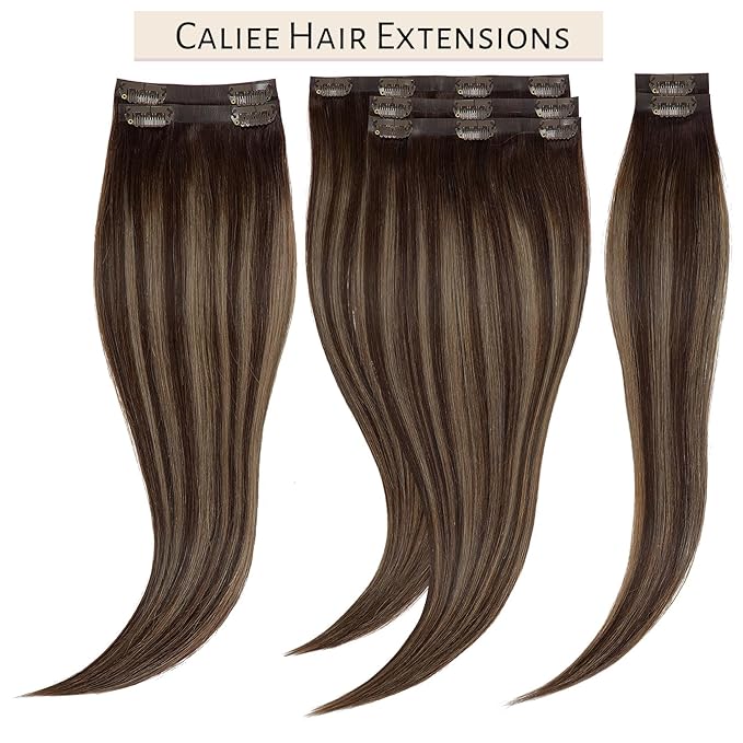 Caliee Seamless Clip in Hair Extensions Remy Human Hair 7 Pcs Ultra Thin PU Skin Weft Balayage Hair Extensions Clip ins R2-2-6 Chestnut Brown Mixed Dark Brown 14 Inch 110G