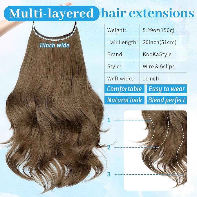 KooKaStyle Invisible Wire Hair Extensions Long Straight Layered Synthetic with Transparent Wire Adjustable Size 6 Secure Clips Hairpieces for Women 20 Inch (20 Inch, COCOA#)