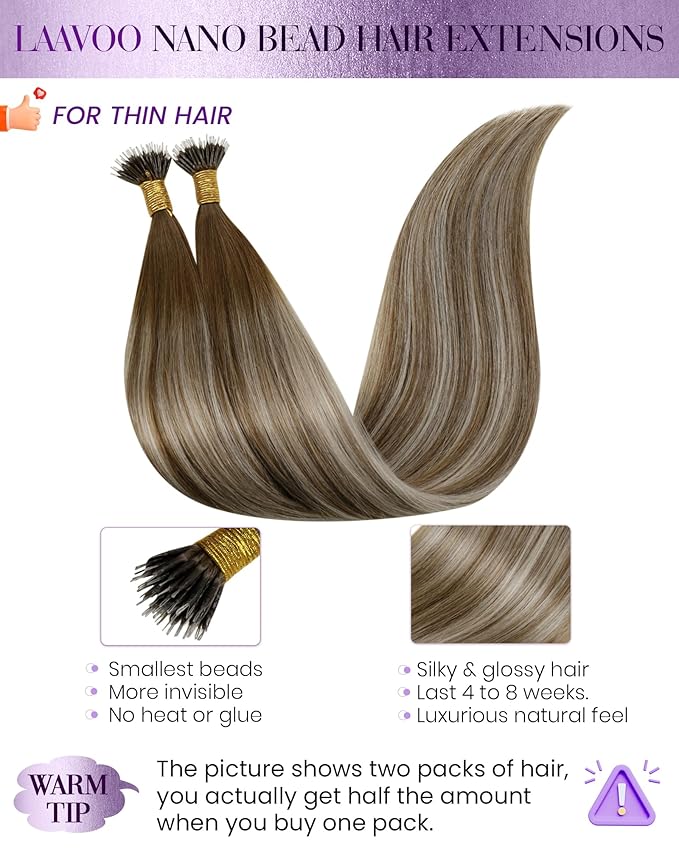 LaaVoo Nano Bead Hair Extensions Medium Brown Fading To Platinum Blonde Nano Hair Extensions Human Hair 50s 50g 18 Inch