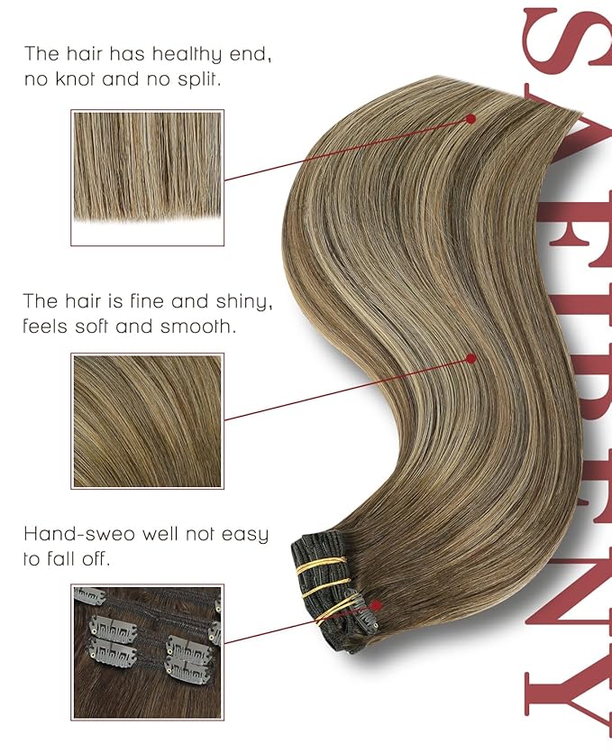 Clip in Hair Extensions Real Human Hair,Balayage Chocolate Brown To Caramel Blonde, 20 Inch 160g Natural Straight Clip On Hair extensions 7pcs Per Set with 19 Clips (H#4/27/4,20")