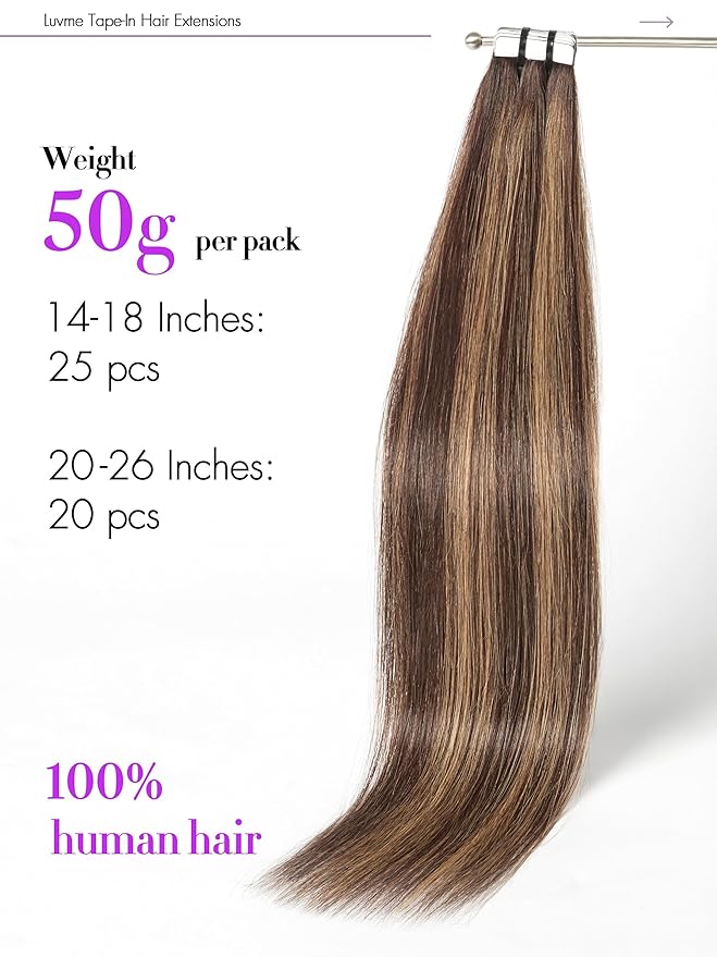 LUVME Invisible Tape in Hair Extensions Human Hair 22 Inch 50g 20pcs Chocolate Caramel Highlight Straight Double Sided Seamless Tape Extensions