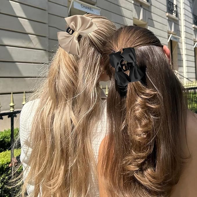 Bow Claw Clip,StrongHold Cute Bow Hair Claw Clips for Women Girls,Nonslip Silky Big Hair Bows Ribbons for Hair Claws,Large Claw Clips for Thick/Thin Hair Styling Accessories Gifts (balck,champagne)