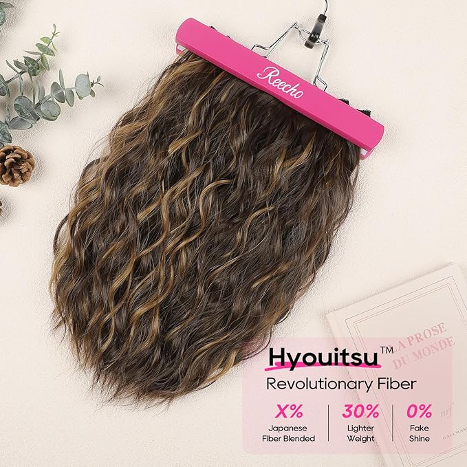 REECHO Clip-in Hair Extensions, 4PCS 14" Wavy Hairpieces - Invisible Lace Weft, Natural Soft Hair - Dark Brown with Highlights