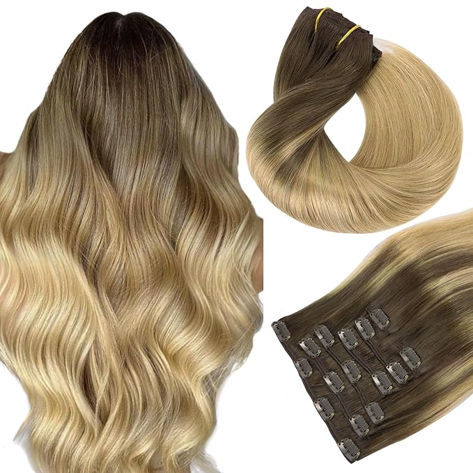 HOTBANANA Human Hair Clip in Hair Extensions, Balayage Chocolate Brown to Dirty Blonde 120g Clip in Hair Extensions Real Human Hair Straight Remy Hair Clip Ins Dark Roots Ombre 14 Inch 7pcs