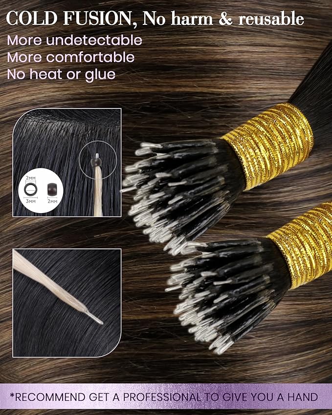 LaaVoo Nano Bead Hair Extensions Dark Brown Mixed Medium Brown BalayageNano Ring Hair Extensions Human Hair 22in 50g 50s