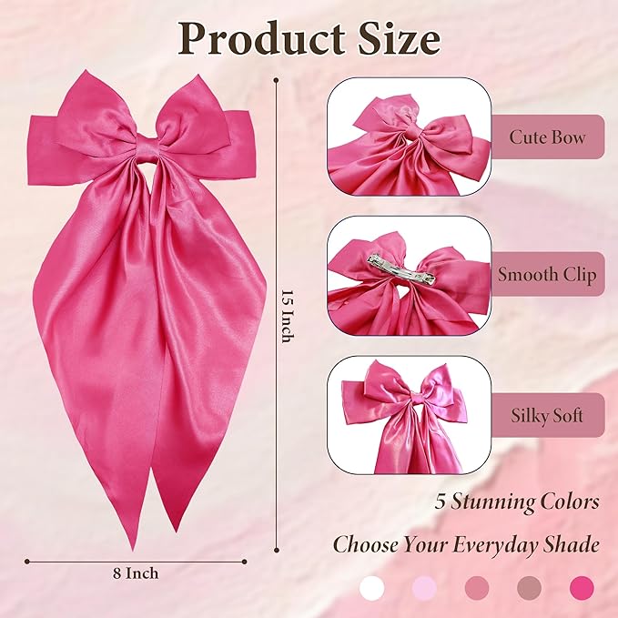 Pink Big Hair Bow for Women - 5Pcs Large Hair Clips for Girls Silky Satin BowsSet, Oversized Long Tail Cute Hair Ribbons Barrettes Aesthetic Hair Accessories Hairbows Gifts