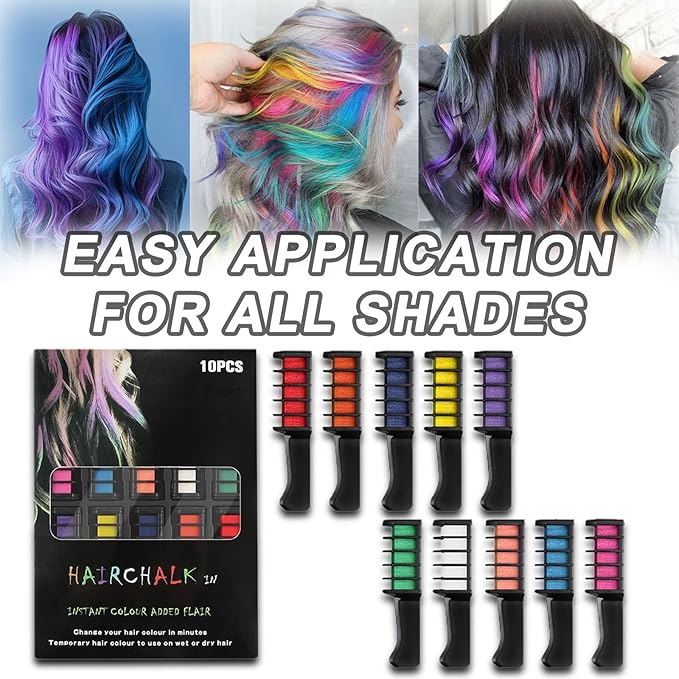 10 Colors Hair Chalk Combs Set with Gloves, Disposable Cape & Shawl, Temporary Washable Hair Color for Teens & Adults, Easy-Apply Comb Design for Cosplay, Party & New Year Styling