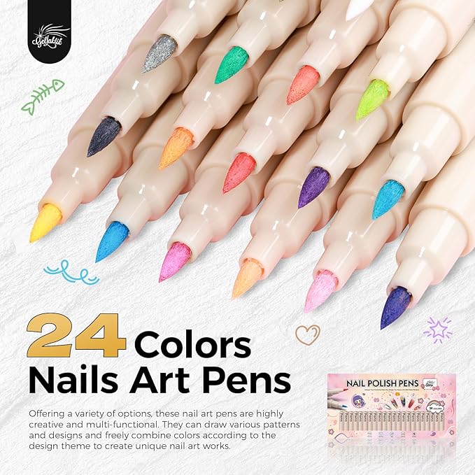 24 Colors Nail Art Pens Set, Professional Nail Polish Markers with Fine Tip & Dotting Brush, MarkerPen Quick-Drying 3D Acrylic Paint for DIY Nail Art Design, Home and Salon Manicure Tools