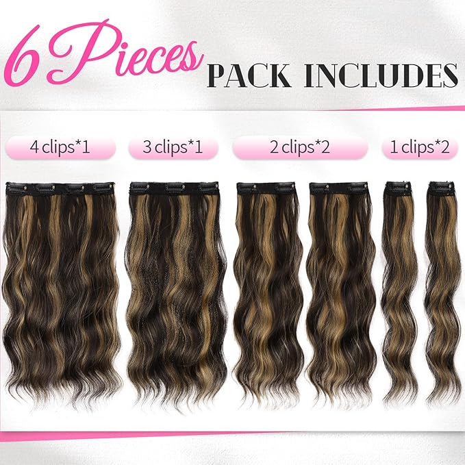 KooKaStyle Short Hair Extensions 6PCS 14 Inch Wavy Curly Hairpieces Synthetic Soft Lace Weft Clip in Hair Extensions-Balayage Dark Brown to Chestnut for Women