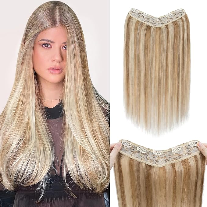 Benehair One Piece 5 Clips in Hair Extensions Human Hair 3/4 Full Head V Shaped Weft Thick Lace Net For Women (22"-75g #12P613 Golden Brown Mixed Bleach Blonde)