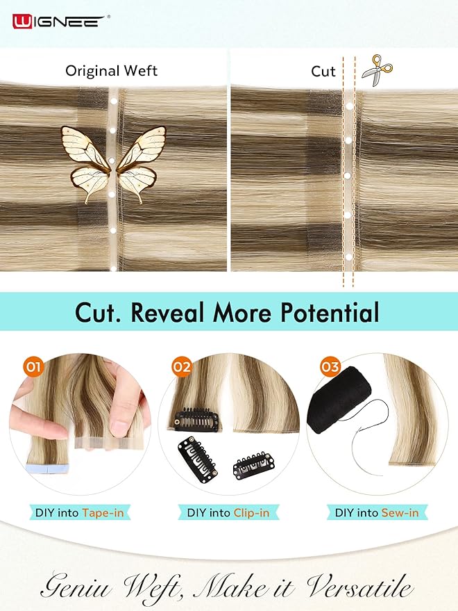WIGNEE Butterfly OVO Weft Hair Extensions Human Hair Blonde Ombre 18 Inch Seamless Invisible Glueless Salon Quality with Micro Beads Add Volume & Length for White Women(9A/60)