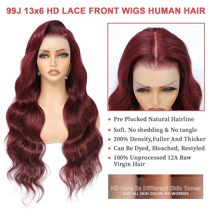 20 Inch 99J Burgundy Lace Front Wigs Human Hair 13x6 HD Body Wave Burgundy Wig Human Hair Pre Plucked with Baby Hair 200 Density Red Colored Glueless Wigs for Women