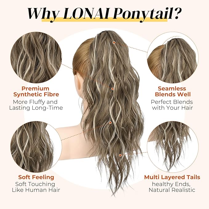 LONAI Ponytail Extension, 18" Wavy Claw Clip Ponytail Extensions ZJ001 Shoulder Length Curly Wavy Claw Clip in Ponytail Hair Extensions Synthetic Fake Pony tails Hairpieces-Ash Brown with white Blonde