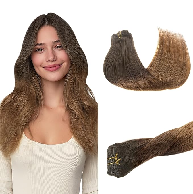 GOO GOO Clip in Hair Extensions Real Human Hair, Remy Human Hair Extensions Clip ins for Women, Natural Human Hair, 14inch 120g 7Pcs, 1D/2C/4E Chocolate Dip Color Melt