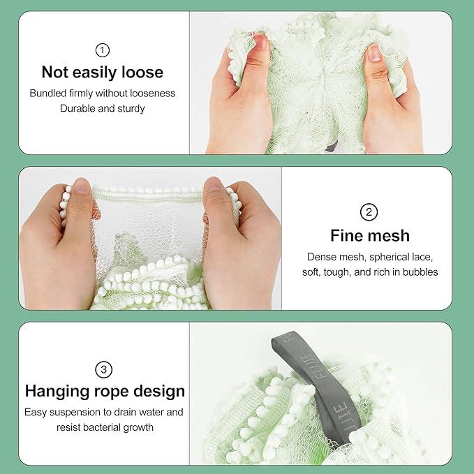 Loofah, Shower Bath Spong, Soft Shower Loofahs Balls, Globose lace Shower Ball, for Body Wash Scrubber Cleaning Loofah Bathroom Accessories (2Pcs) (Green)