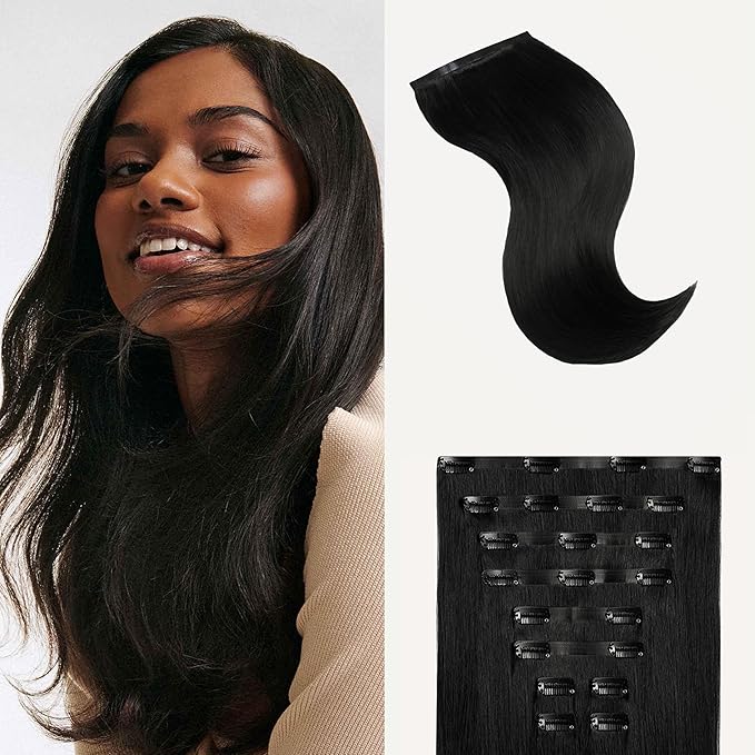 Luxy 100% Remy Human Hair - Seamless Clip-In Hair Extensions - Multi-Dimensional Color for Natural Blending, Adds Volume & Length 160 grams 16" Off Black Seamless