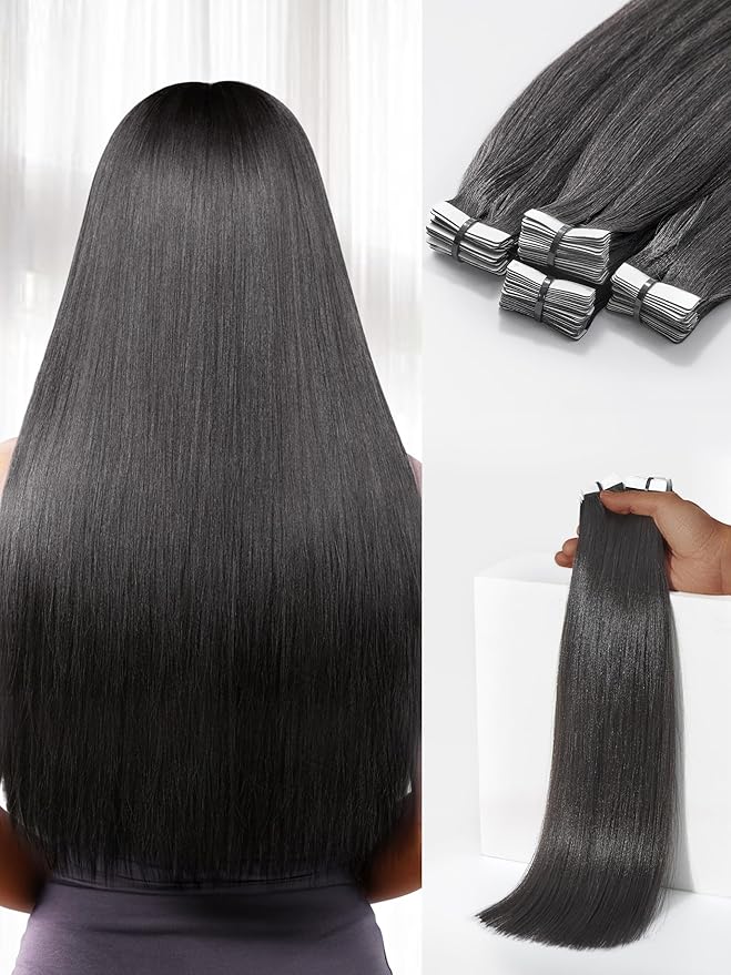 LUVME Tape in Hair Extensions Human Hair 2 Pack 110g 50pcs per Pack 16 Inch Yaki Straight Natural Black Invisible Seamless Tape Extensions