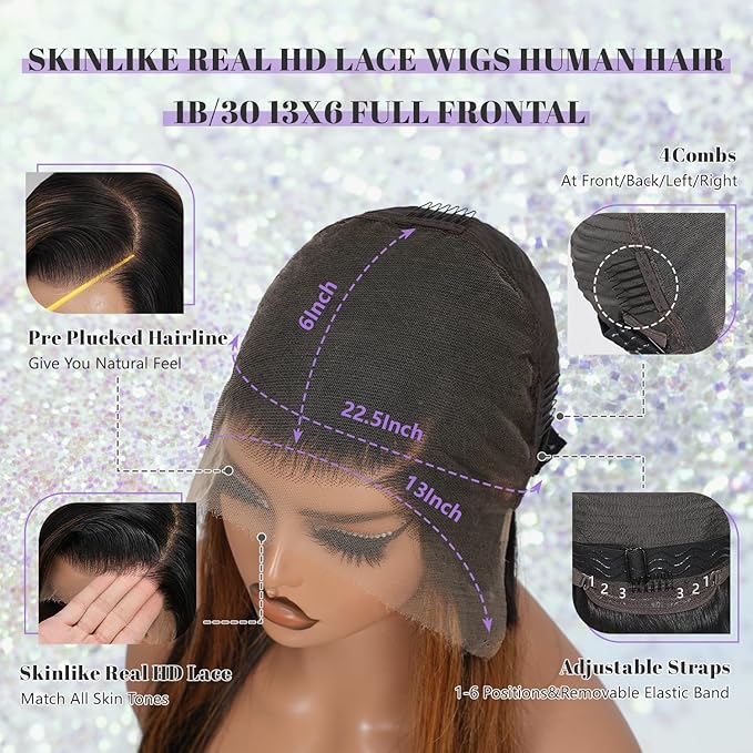 13X6 FULL Real Skinlike HD Lace Wig Human Hair 13x6 1B/30 Straight Highlight Ombre Lace Front Wigs Human Hair Pre Pucked 24 inch 0.10mm Ultra-thin Swiss Lace No Tangle No Shedding Triple Lifespan 3X
