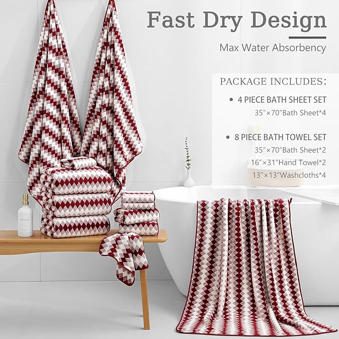 4 Piece Bath Towel Set Oversized Bath Sheet 35"x70" Bathroom Towel Extra Large Towel Set Soft Highly Absorbent & Quick Dry Premium Bath Sheet for Bathroom 600GSM Shower Towel Spa Gym Hotel,Burgundy