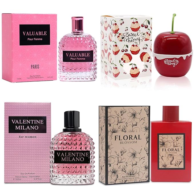 4PCS Perfume Set for Women - Floral Fragrance Gift Set with Vanilla,Sweet Fruity, Eau De Parfume| 3.4 Fl Oz Each Women's Cologne(Valentine Milano,Valuable,Sweet Cherry,Floral Bloom)