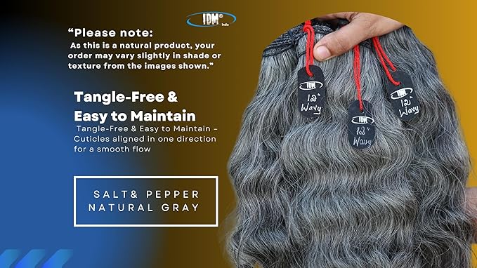 Salt & Pepper/Natural Gray-100% Natural Indian Virgin Raw Hair Extensions.Natural color unprocessed and not treated with any kind of chemicals (12" Wavy Salt and Pepper)