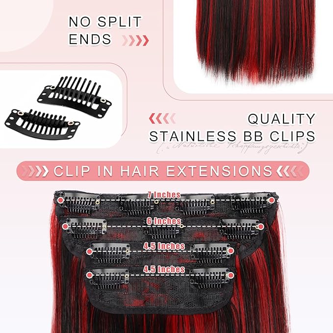Vigorous Clip in Hair Extensions Straight 4Pcs Black Mix Red Highlights Hair Extension 22 Inch Soft Full Head Weddings Party Daily Use for Women
