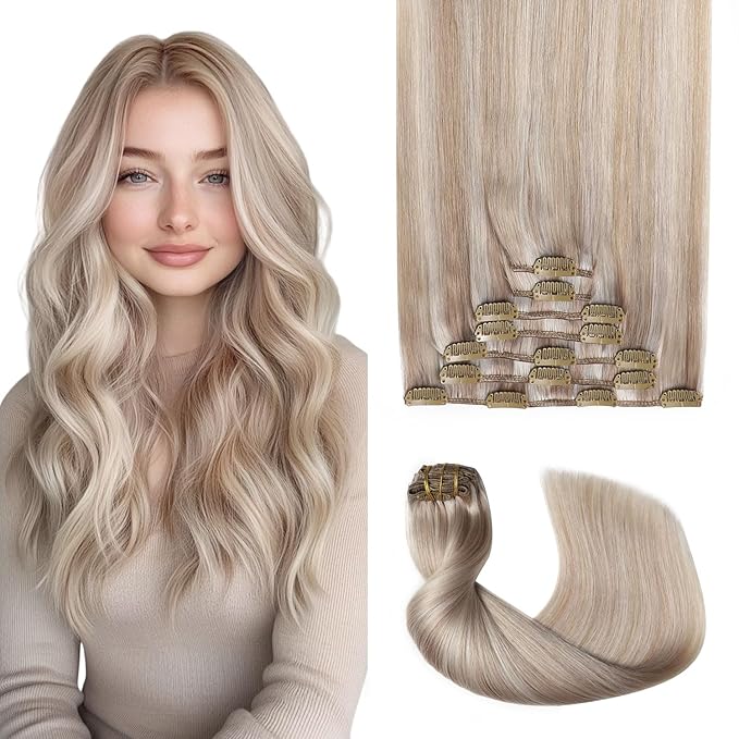 Pro2.0 Remy Clip in Extensions Real Human Hair Color #18p1000 Ash Blonde with Bleach Blonde Remy Clip in Hair Extensions Real Human Hair 18inch 120g Thick 7pcs Double Weft（#18P1000-18inch）
