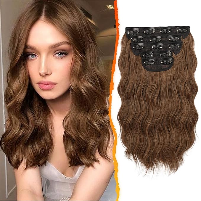 BARSDAR Wavy Brunette Clip in Hair Extensions - 14 Inch Short Wavy Clip in Hair Extensions for Women - 5PCs Thick Soft Synthetic Voluminous Easy Wear Brunette Brown Hairpieces Daily Party