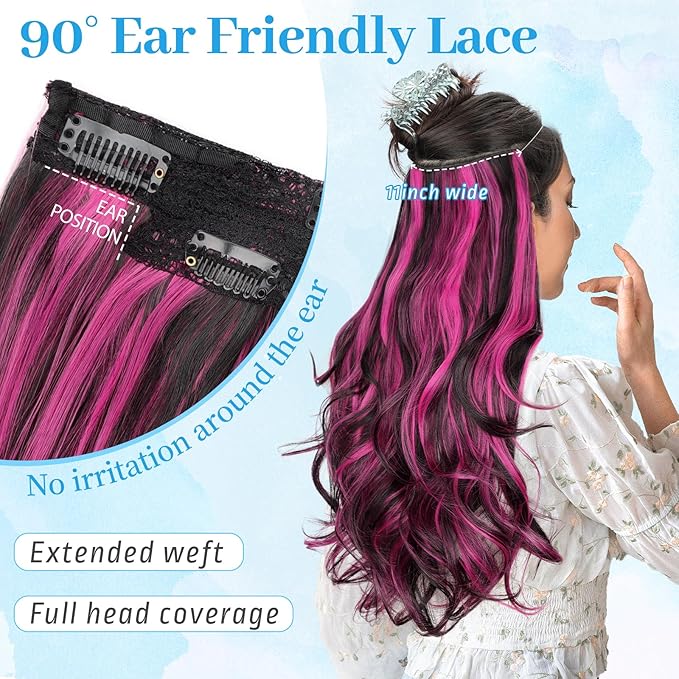 KooKaStyle Invisible Wire Hair Extensions 20"Long Wavy Layered Synthetic Clip in with Transparent Wire Adjustable Size 6 Secure Clips Black and Hot Pink Thick Hairpieces for Women 20 Inch
