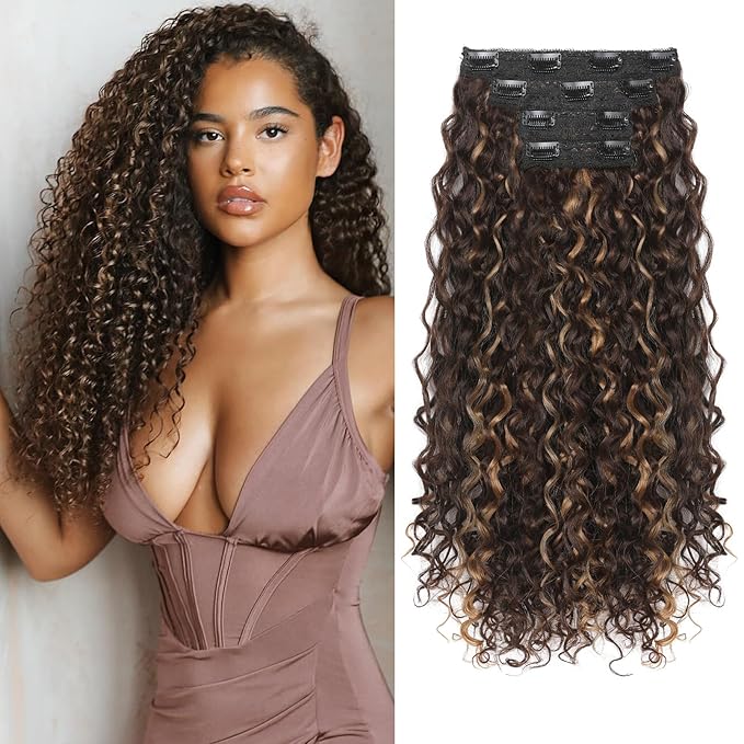 Clip in Hair Extensions, FLUFYMOOZ 4PC 100％ Pure Protein Silk Hair Extensions Long Soft Natural Hairpiece 20 Inch Curly Hair Extension for Women (Brown with Deep Blonde Highlights)
