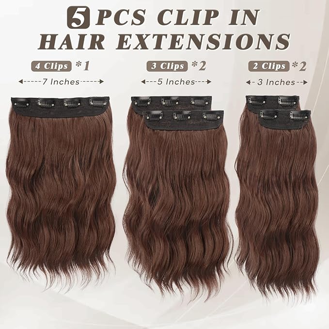BARSDAR Clip in Hair Extensions - 5PCs Chestnut Wavy 14 Inch Thick Soft Synthetic Clip in Hairpieces Daily Party Halloween - Copper Chestnut