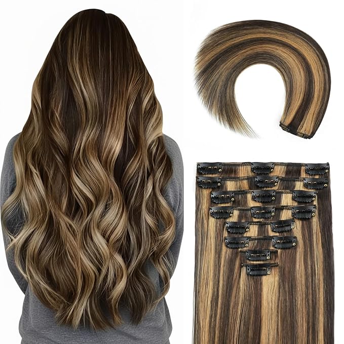 Clip in Hair Extensions Real Human Hair, 24 Inch 105g, 2p6 Balayage Highlight Chestnut Brown, Invisible Seamless Straight Remy Human Hair Clip in Extensions for Women 8pcs Per Set with Double Weft