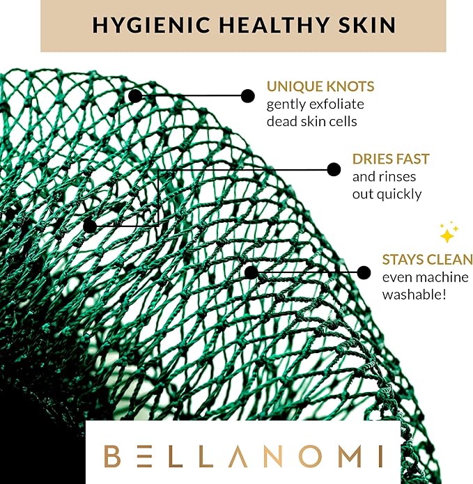 BELLANOMI 4 Piece African Exfoliating Net Sponge Long African Bath Sponge, Authentic Ethically Sourced from Nigeria, Great for Daily Use (Copper Brown, Orange, Green, Yellow)