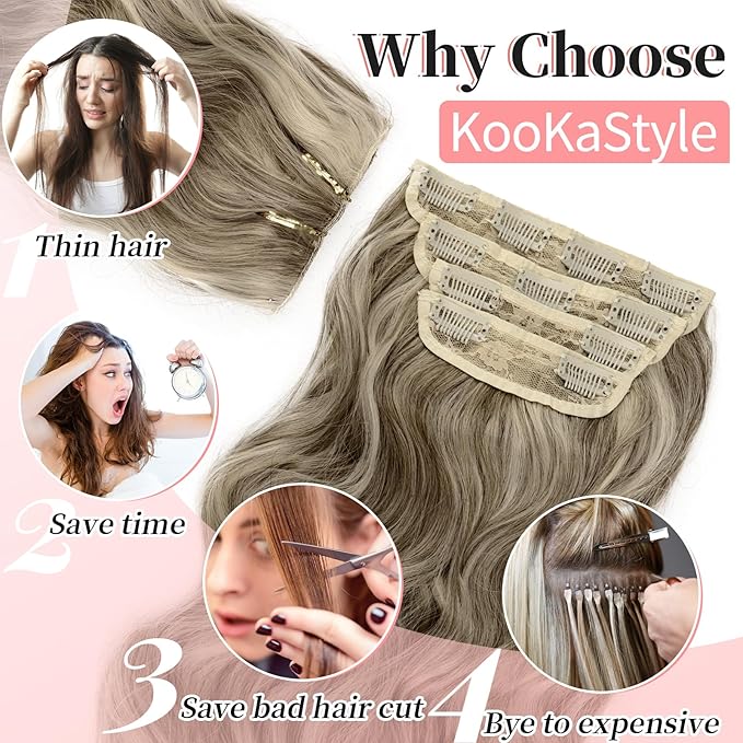 KooKaStyle Clip in Synthetic Hair Extensions Long Wavy 4PCS Thick Hairpieces Ash Brown mix Light Blonde Fiber Double Weft Natural Hair Extensions 20 Inch for Women