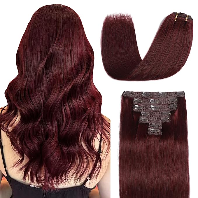 Sisily Clip in Hair Extensions Real Human Hair, Premium Human Hair Clip in Extensions Burgundy Red, Soft Straight Hair Extensions Real Human Hair Clip ins 7PCS Double Weft（12 Inch）