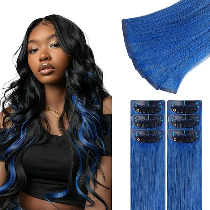 IDN BEAUTY Seamless Clip In Hair Extensions Real Human Hair, 22 Inch 40g 6Pcs Blue Straight Seamless Clip Ins For Black Women Colored Hair Extensions PU Weft Invisible Edge