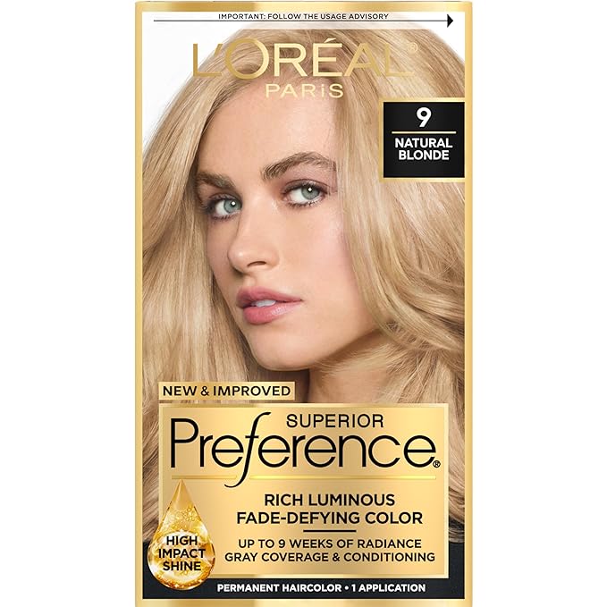L'Oreal Paris Superior Preference Luminous Fade-Defying Permanent Hair Color, Hair Dye For Up to 9 Weeks of Radiance, Natural Blonde 9, 1 Hair Dye Kit