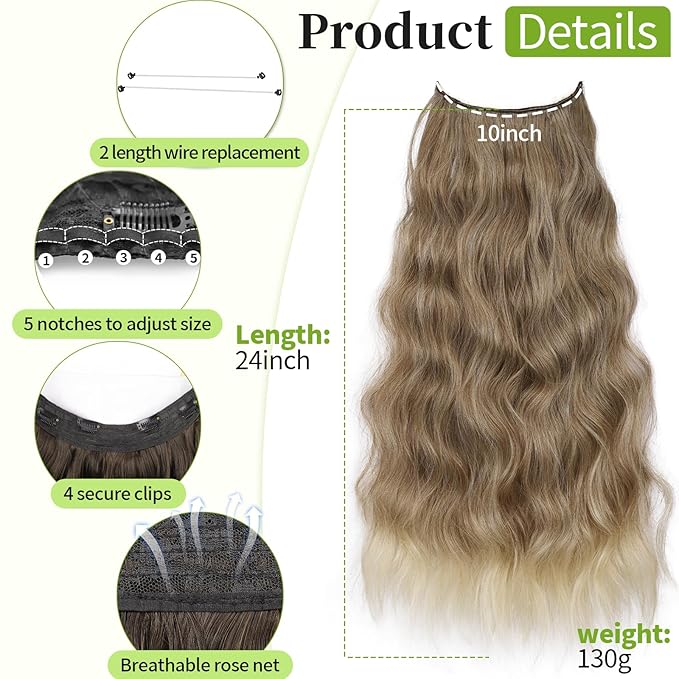 KooKaStyle Invisible Wire Hair Extensions with Transparent Wire Adjustable Size 4 Secure Clips Long Wavy Secret Synthetic Hairpiece for Women(24 Inch 10T613#Ash Brown mix Bleach Blonde)