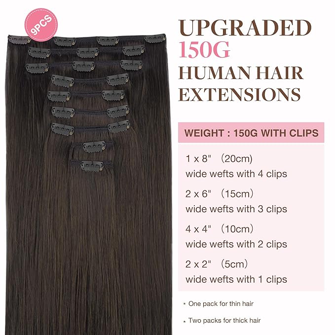 GOO GOO Clip in Hair Extensions Real Human Hair, Remy Human Hair Extensions Clip ins for Women, Natural Human Hair, 24inch 240g 9Pcs, #2 Dark Brown