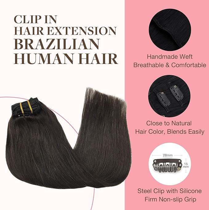 GOO GOO Clip in Hair Extensions Real Human Hair, Remy Human Hair Extensions Clip ins for Women, Natural Human Hair, 16inch 120g 7Pcs, 2 Dark Brown