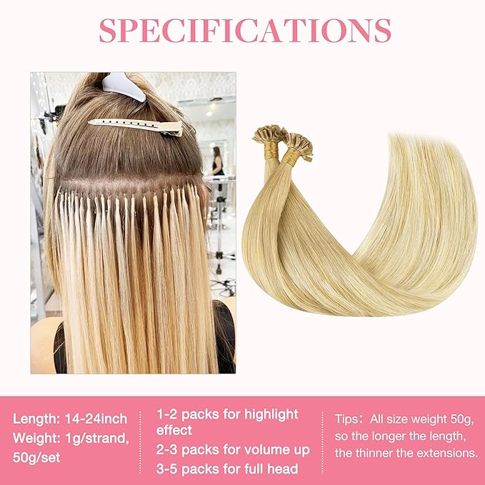 GOO GOO U Tip Hair Extensions Real Human Hair, 16inch 50g 50S, Hot Fusion U Tip Hair Extensions, 18AT60A Pearl Ash Blonde Highlights