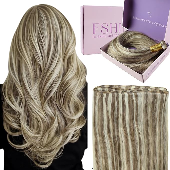 Fshine Genius Weft Hair Extensions Real Human Hair 14 Inch Light Brown with Platinum Blonde Clip in Hair Extensions Highlighted Clip in Extensions Human Hair 120 Gram 7pcs