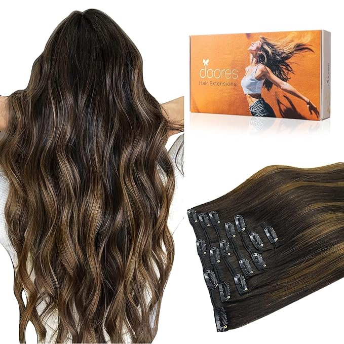 DOORES Clip in Human Hair Balayage Dark Brown to Chestnut Brown 14 Inch 7pcs Clip in Extensions Natural Real Hair 100g Straight