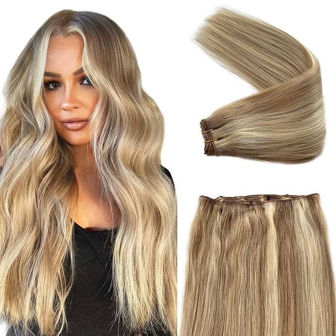 Licoville Hair Weft Extensions Human Hair Light Ash Blonde and Platinum Real Human Hair Bundles Sew in Hair Extensions Straight 22 Inch 120G Thick and Full Blonde Highlight Hair Wefts for Women