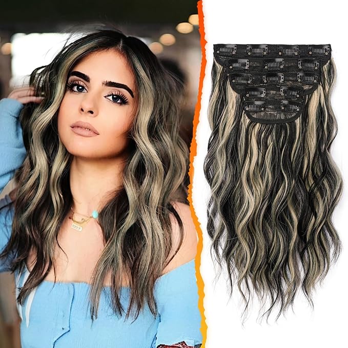 BARSDAR Short Wavy Clip in Hair Extensions - 14 Inch Black Blonde Highlights Hair Extensions for Women - 5PCs Thick Soft Synthetic Clip in Hairpieces Daily Party - Black with Blonde Highlights