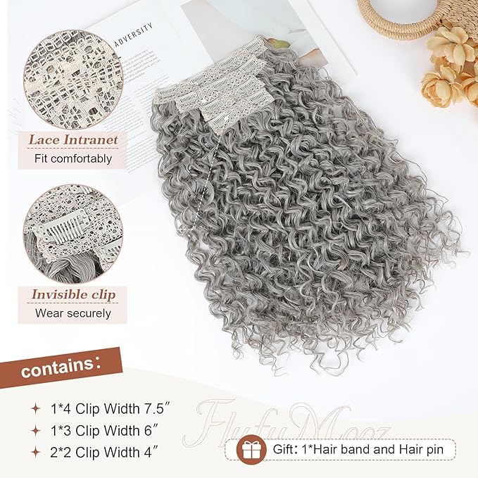 Flufymooz Clip in Hair Extensions, 4PC 100％ Pure Protein Silk Hair Extensions Long Soft Natural Hairpiece 20 Inch Curly Hair Extension for Women-Grey